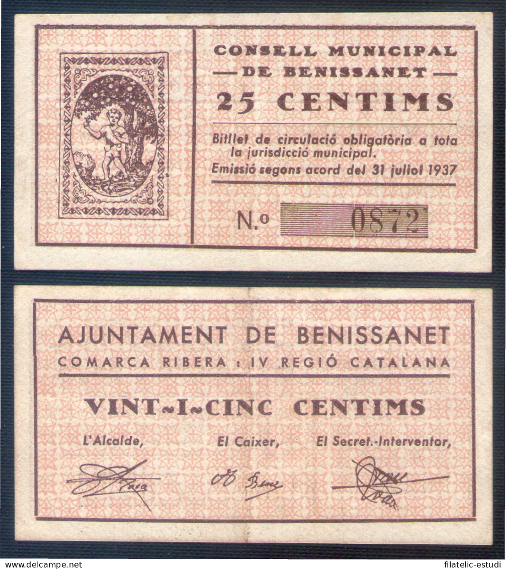 Billete Local 1937 Consell Municipal De Benissanet 25 Centims - Autres & Non Classés