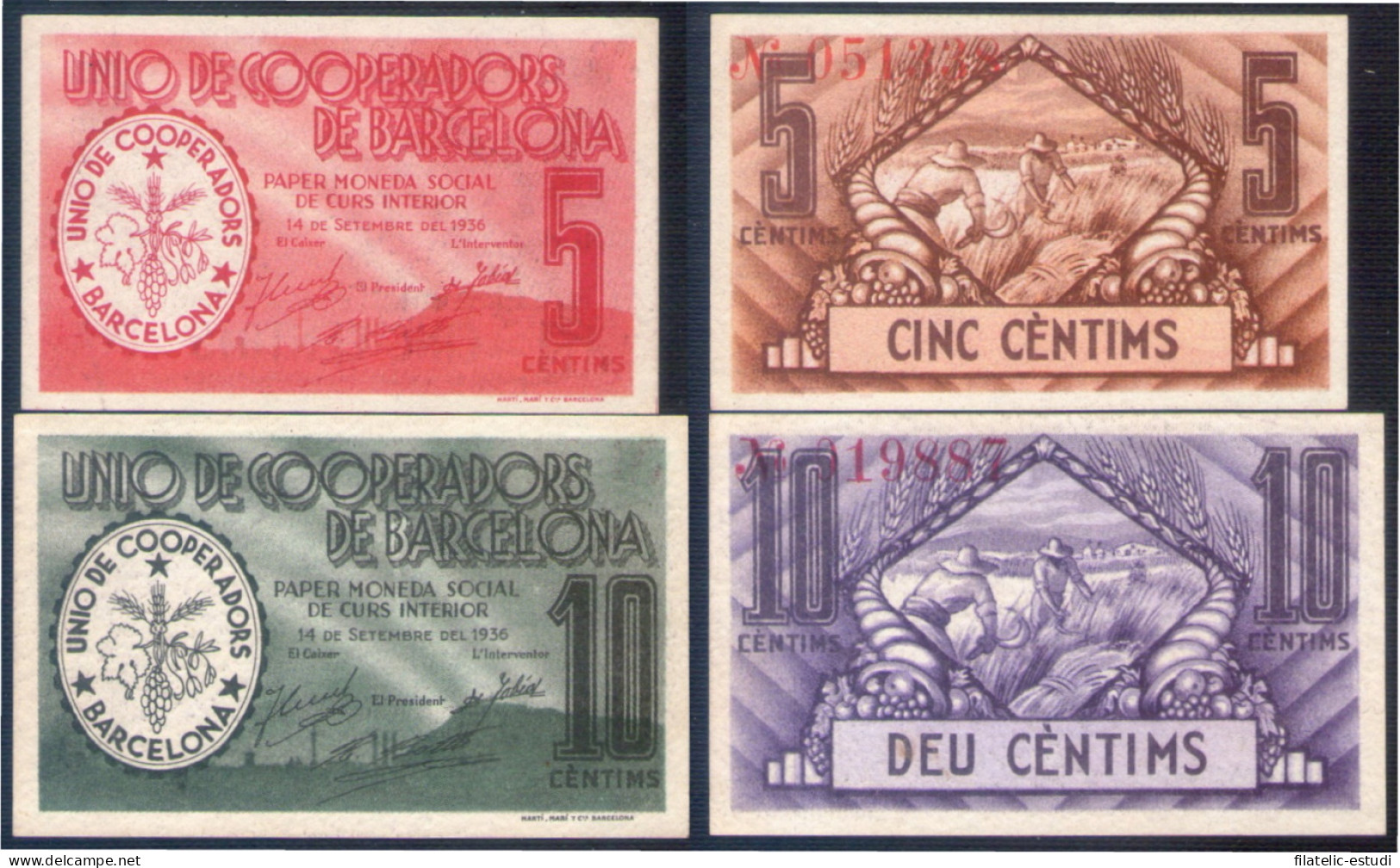 Billete Local 1937 Unió De Cooperadors De Barcelona 5 I 10 Céntims - Otros & Sin Clasificación