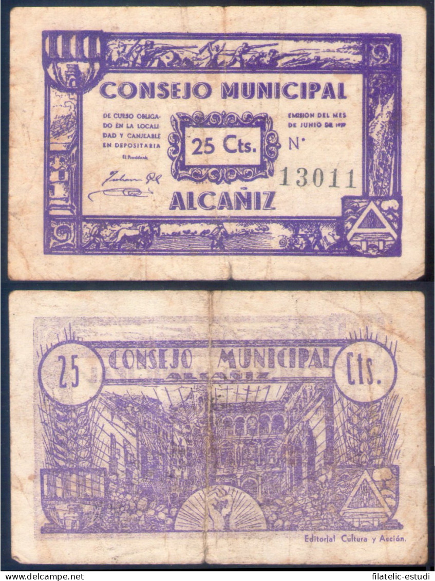 Billete Local 1937 Consejo Municipal Alcañiz 25 Cts - Andere & Zonder Classificatie