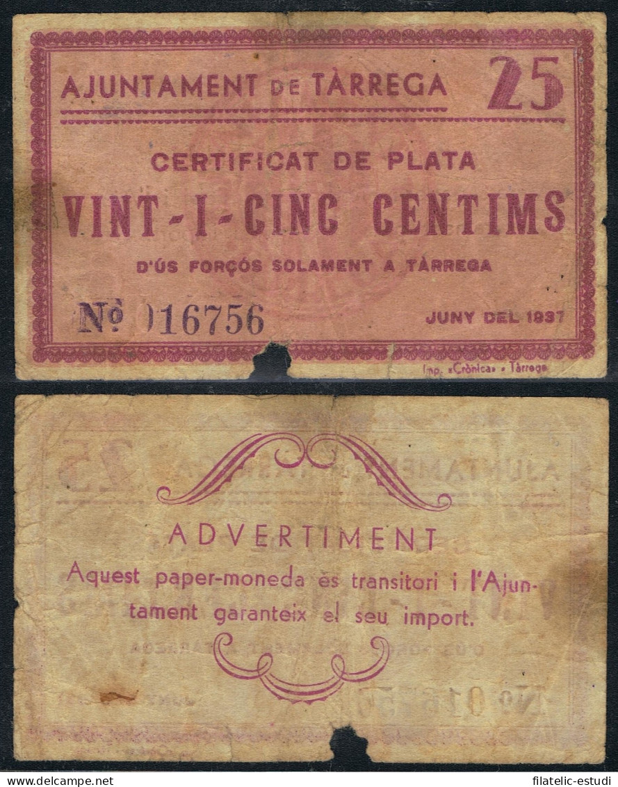 Billete Local 1937  Ajuntament De Tàrrega  25 Cts. - Otros & Sin Clasificación