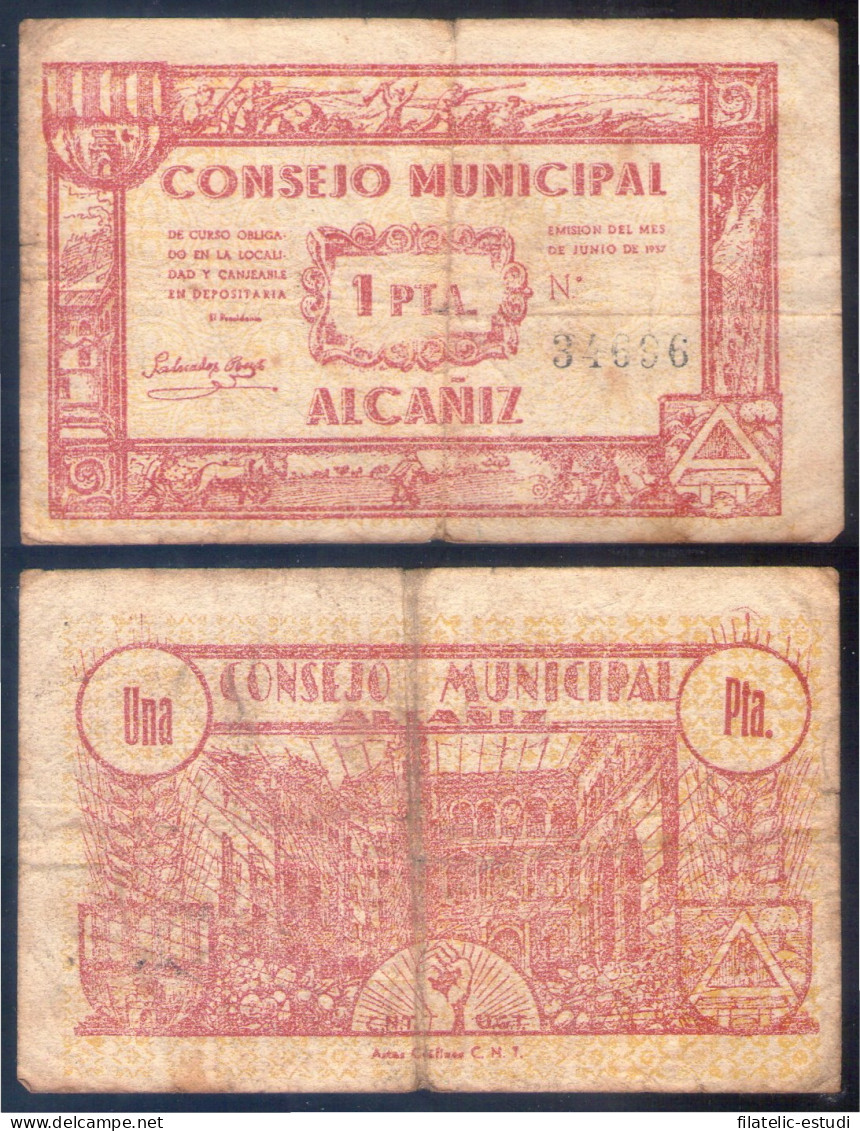 Billete Local 1937 Consejo Municipal Alcañiz 1 Pta - Otros & Sin Clasificación