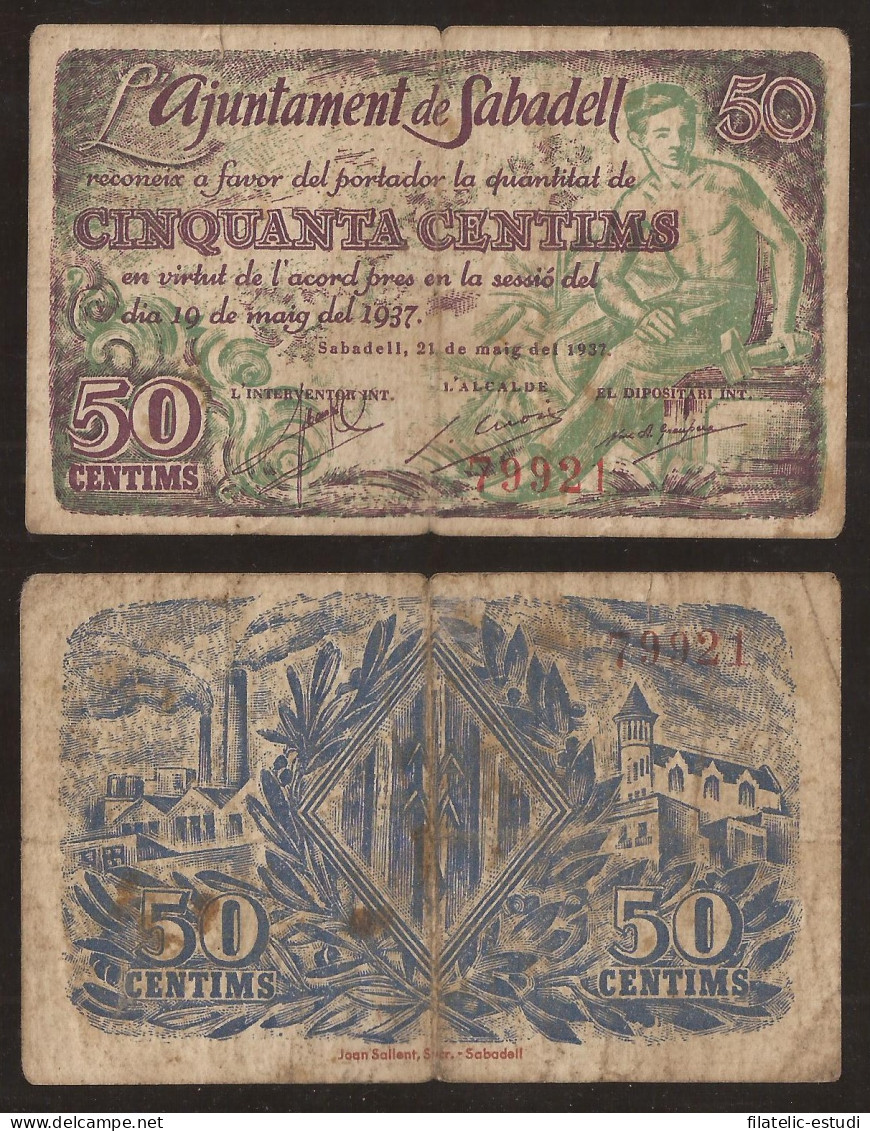 Billetes Local 1937 Ajuntament De  Sabadell  50 Cts - Otros & Sin Clasificación