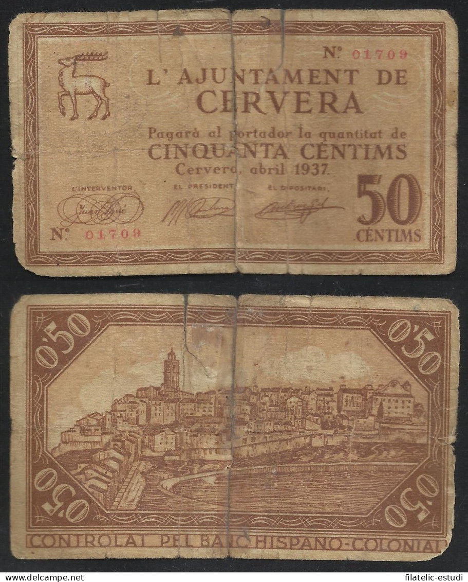 Billete Local 1937 Ajuntament De Cervera  50 Cts. - Otros & Sin Clasificación