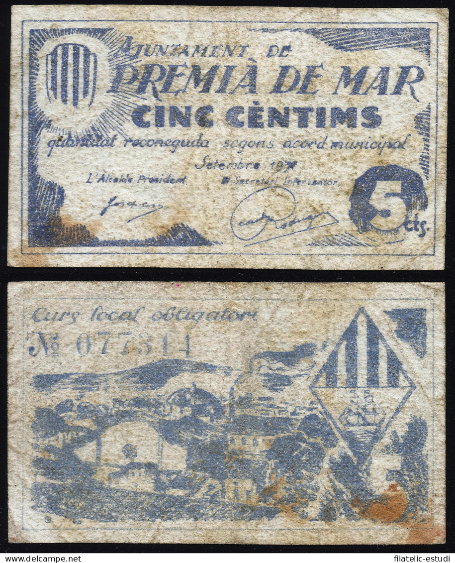 Billetes Local 1937  Ajuntament De Premia De Mar  5 Cts. - Sonstige & Ohne Zuordnung