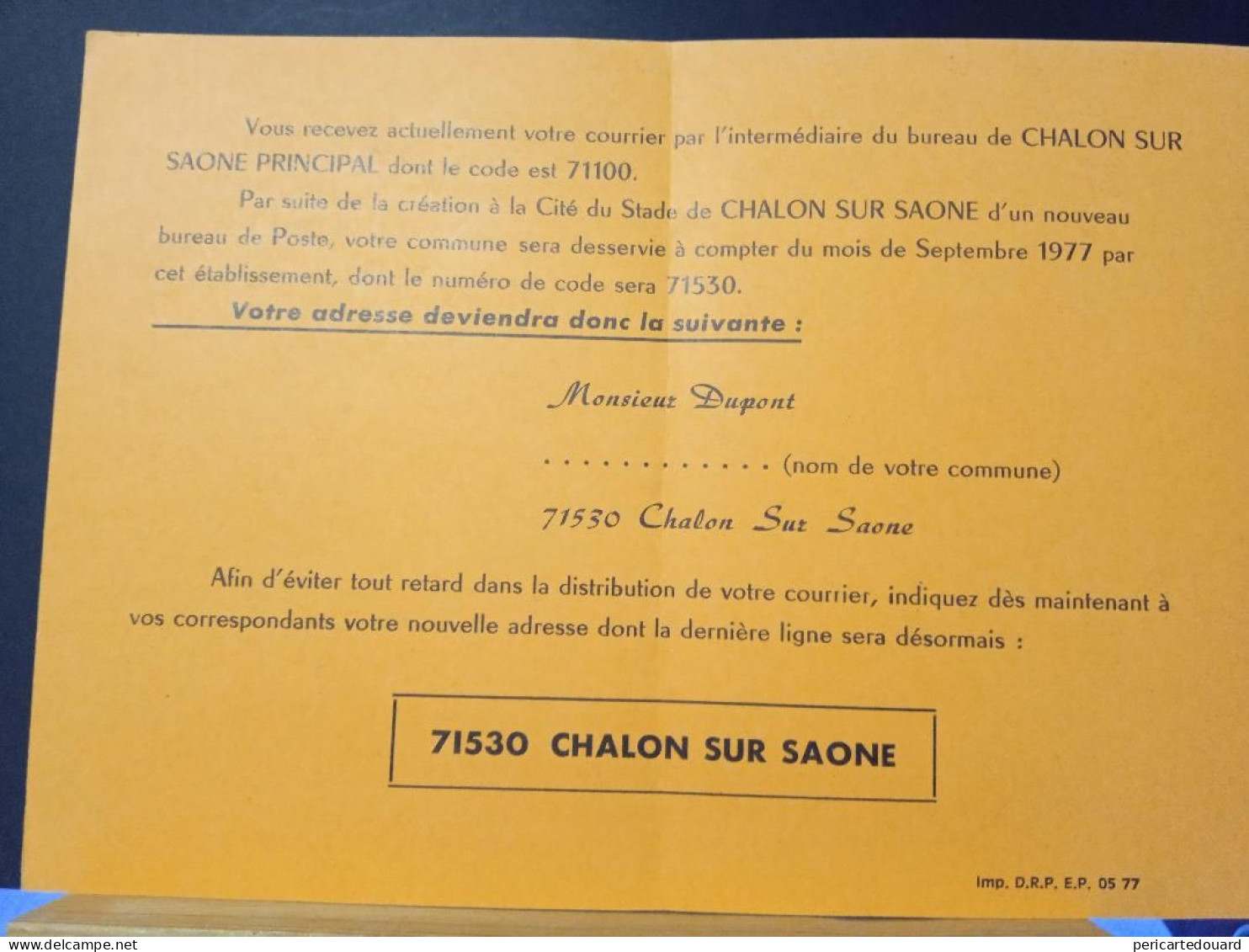 Code Postal, Carte D'information " Pensez Au Code Postale" 71530  Chalon Sur Saone - Brieven En Documenten