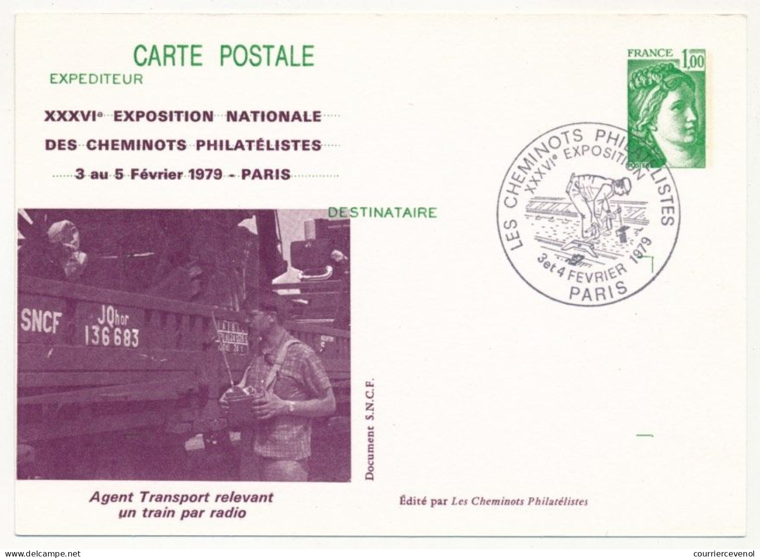 CP Entier Repiqué 1,00 Sabine - 36eme Expo. Nat. Cheminots Philatélistes - Agent Transport... - PARIS 2/4 Fev. 1979 - Bijgewerkte Postkaarten  (voor 1995)