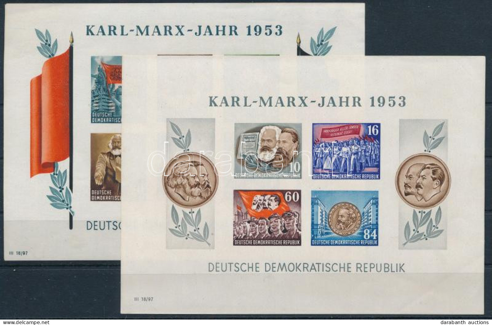 ** NDK 1953 Marx Vágott Blokkpár Mi 8B-9B (Mi EUR 200.-) (sarokhiba, Ráncok, Betapadás / Corner Fold, Creases, Gum Distu - Altri & Non Classificati