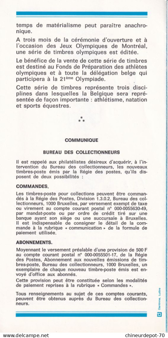 Administration Des Postes Belge émission D'une Série De Timbres Poste Spéciaux  N°6  1976 édité En Français - Briefe U. Dokumente