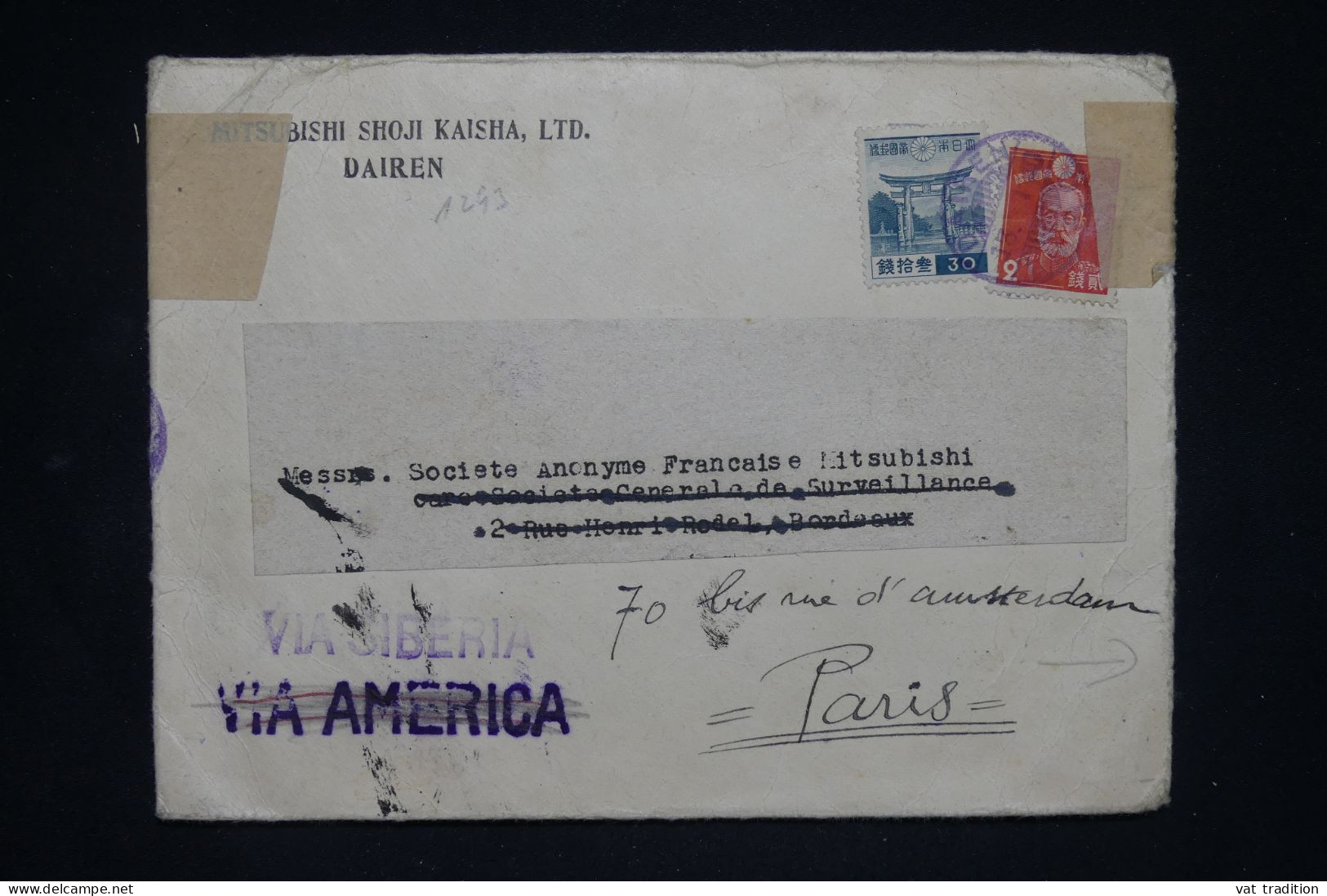 JAPON - Enveloppe Commerciale De Dairen Pour Paris En 1941 Avec Contrôle Allemand - L 150111 - Briefe U. Dokumente