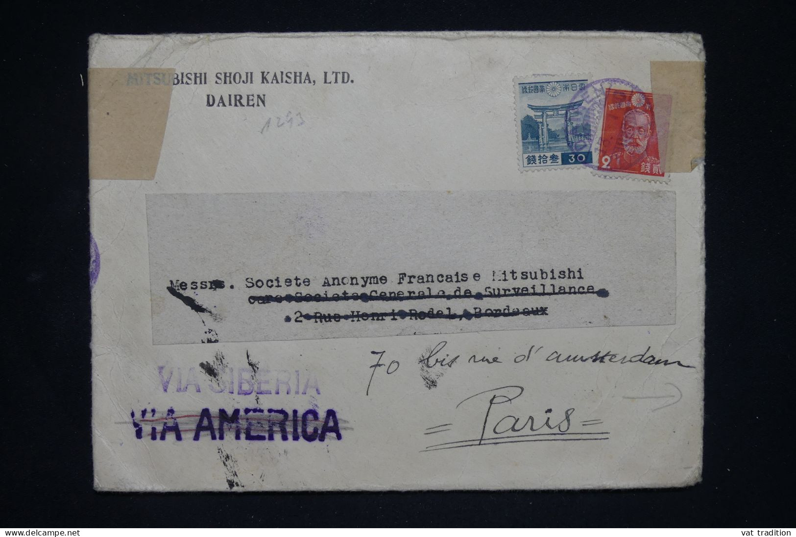 JAPON - Enveloppe Commerciale De Dairen Pour Paris En 1941 Avec Contrôle Allemand - L 150111 - Lettres & Documents