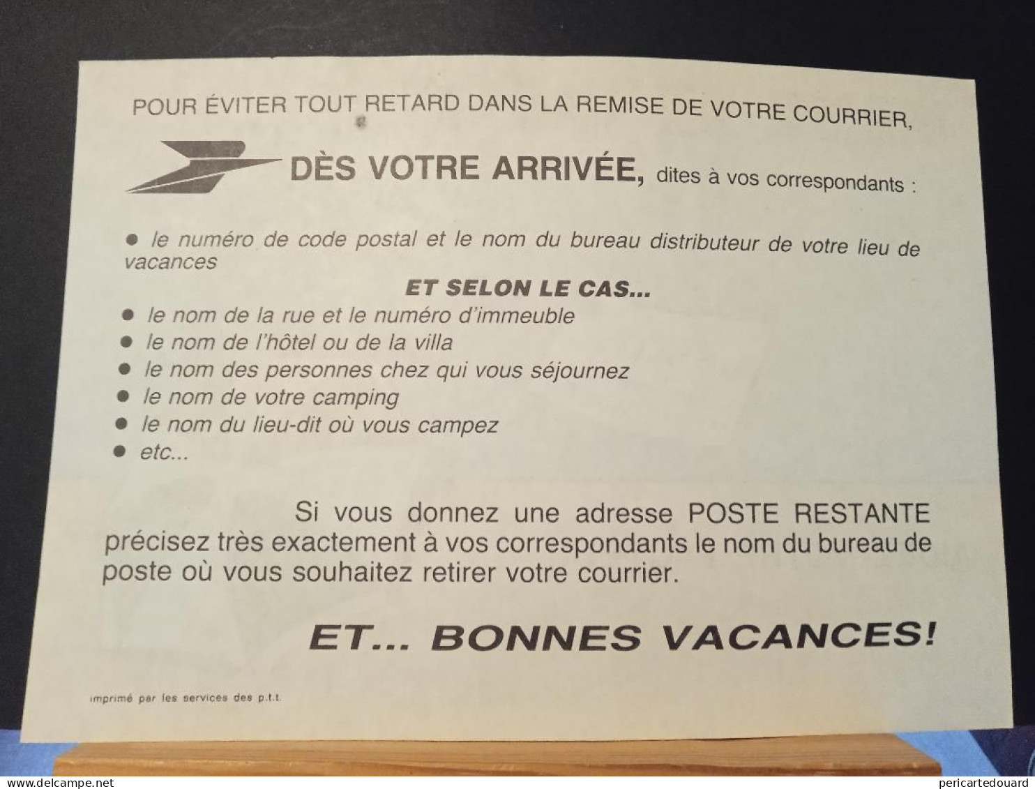 Code Postal, Plaquette " Même En Vacances ... Aidez Votre Facteur" - Brieven En Documenten