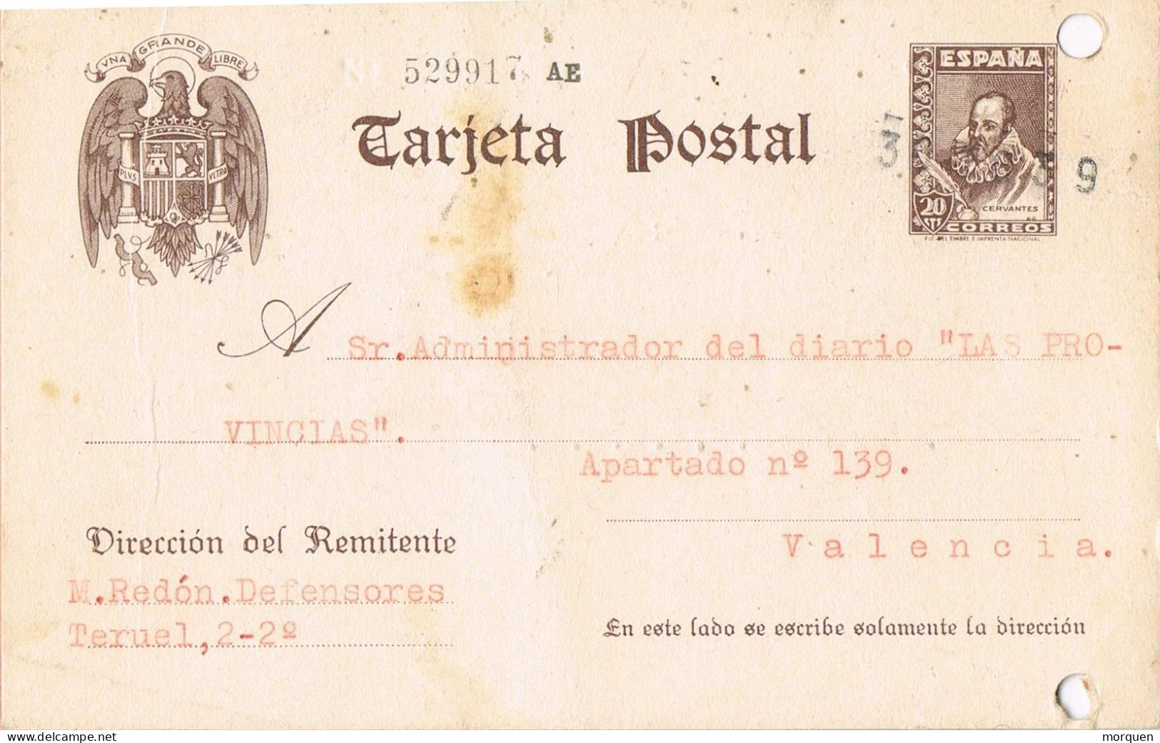 54206. Entero Postal TERUEL 1939. Sin Censura. Guerra Civil. Resguardo Giro Postal. Anulacion Fecha. CERVANTES Con Pie - 1931-....