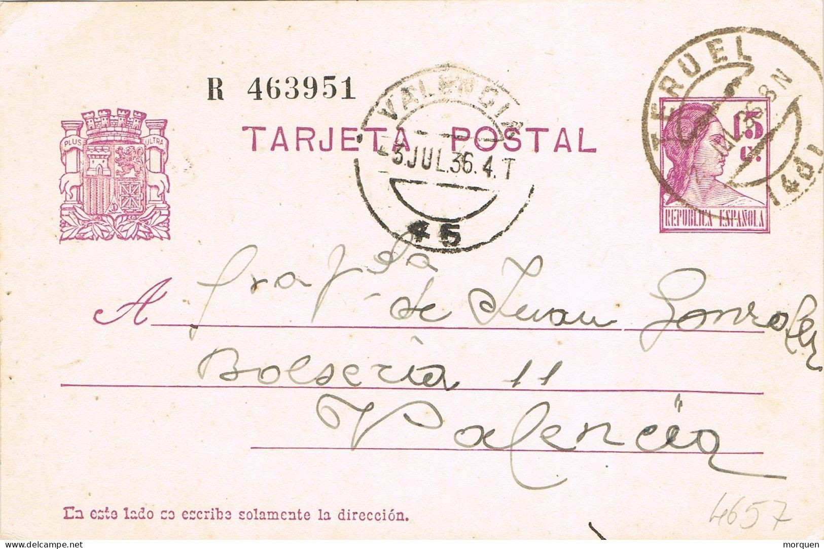 54207. Entero Postal TERUEL 1936. Republica A Valencia - 1931-....