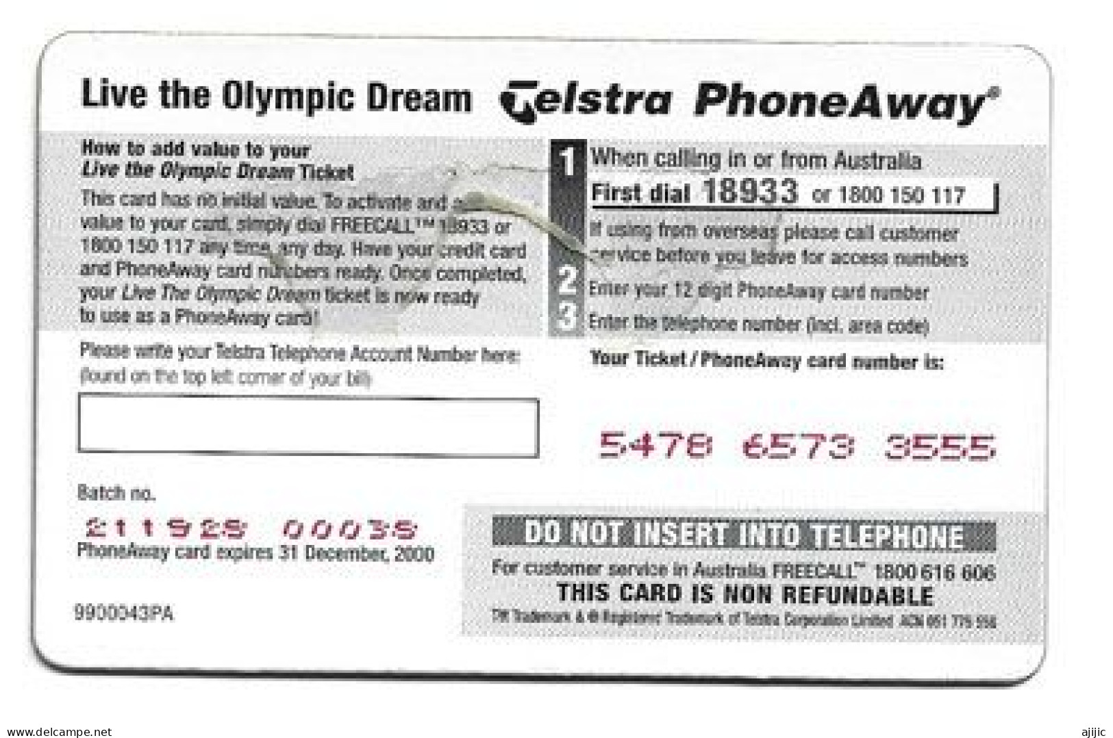 AUSTRALIAN TELSTRA PHONE CARDS .SYDNEY OLYMPICS. SWIMMING. LIVE THE OLYMPIC DREAM - Olympische Spiele