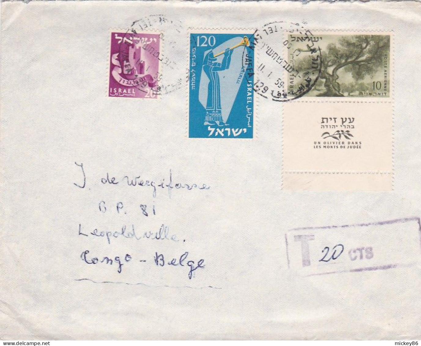 ISRAEL --1959--Lettre Taxée 20cts  De TEL AVIV  Pour LEOPOLDVILLE (Congo Belge)--timbres...cachet....griffe T 20cts - Lettres & Documents
