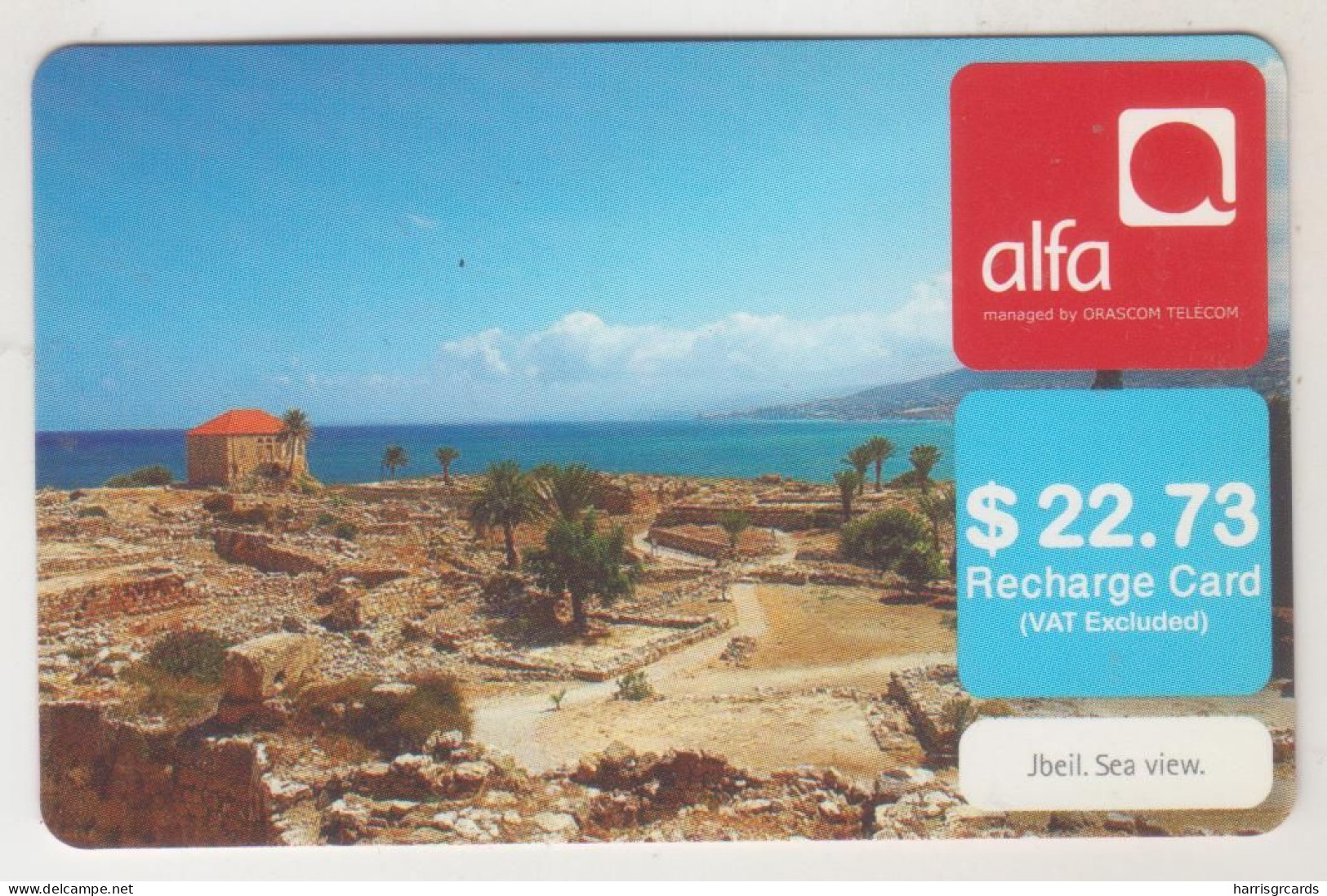 LEBANON - Jbeil Sea View , Alfa Recharge Card 22.73$, Exp.date 30/01/12, Used - Liban