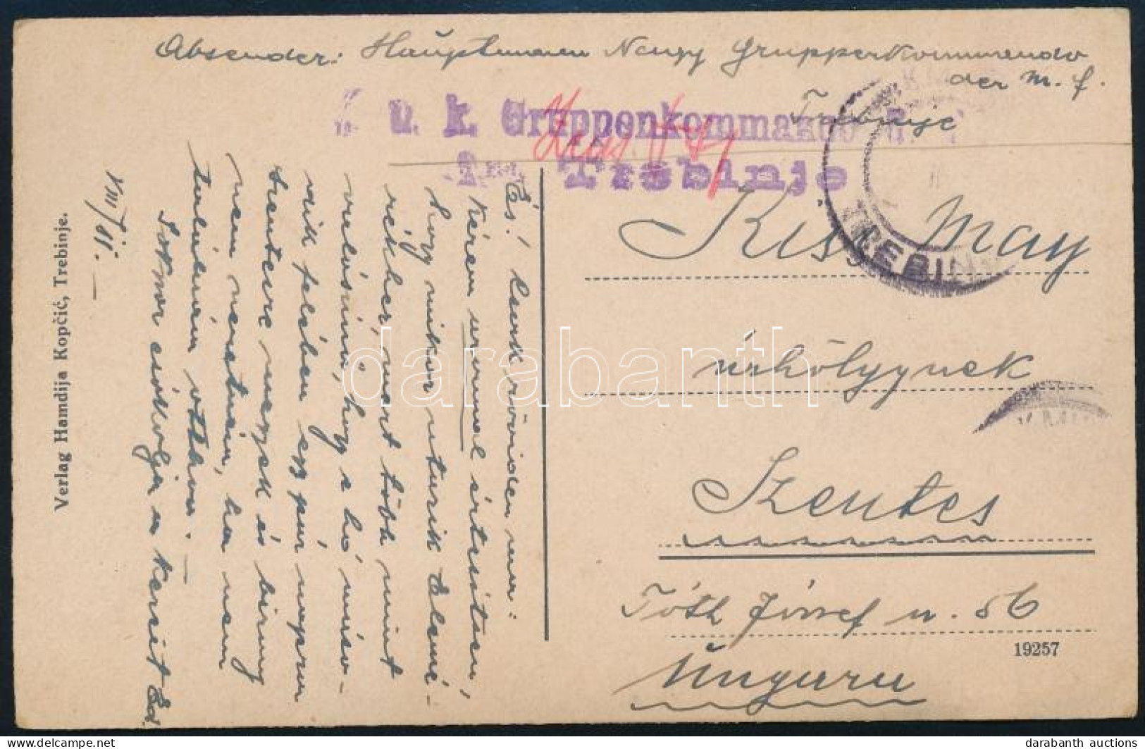 1916 Tábori Posta Képeslap "K.u.K. Gruppenkommando B. Trebinje" - Other & Unclassified