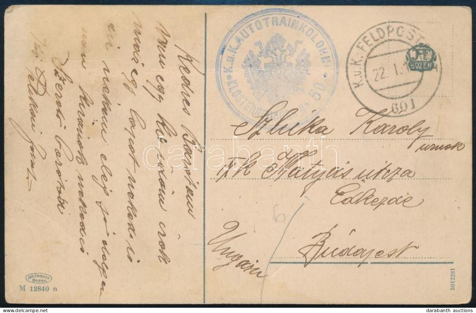 ~1918 Tábori Posta Képeslap "K.u.K. AUTOTRAINKOLONNE KLOSTERNEUBURG No.50" + "FP 601" - Sonstige & Ohne Zuordnung