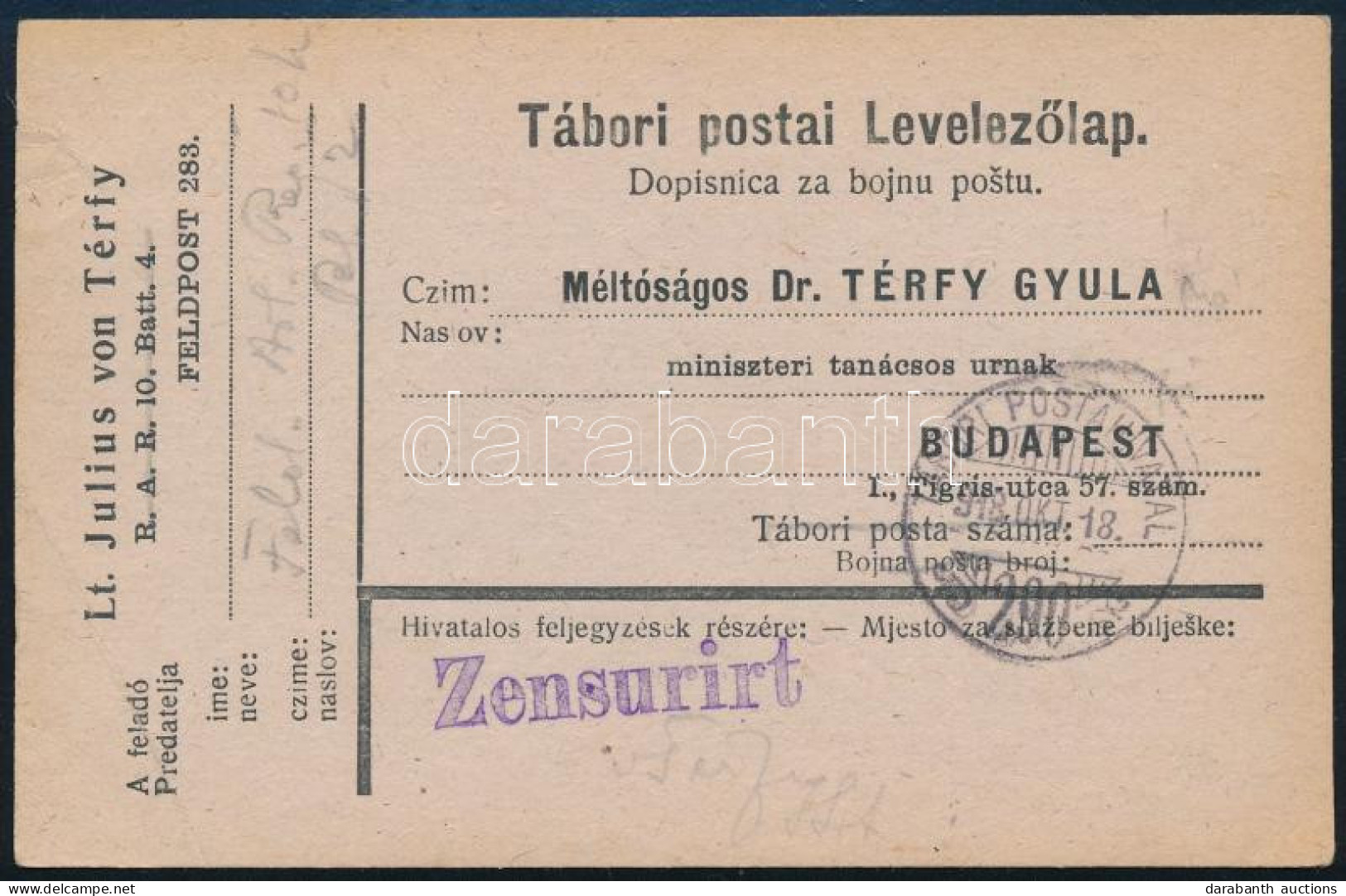 1918 Tábori Posta Levelezőlap "TP 290" - Andere & Zonder Classificatie
