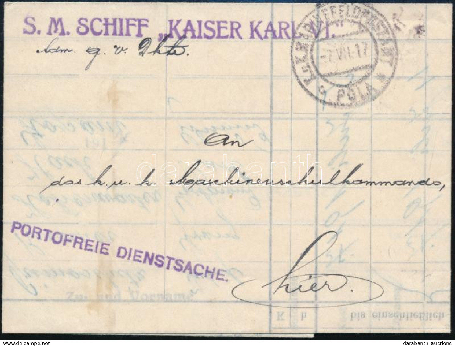 1917 Gegen-Verpflegszettel "K.u.K. MARINEFELDPOSTAMT / POLA", "S.M. SCHIFF ,,KAISER KARL VI." - Other & Unclassified