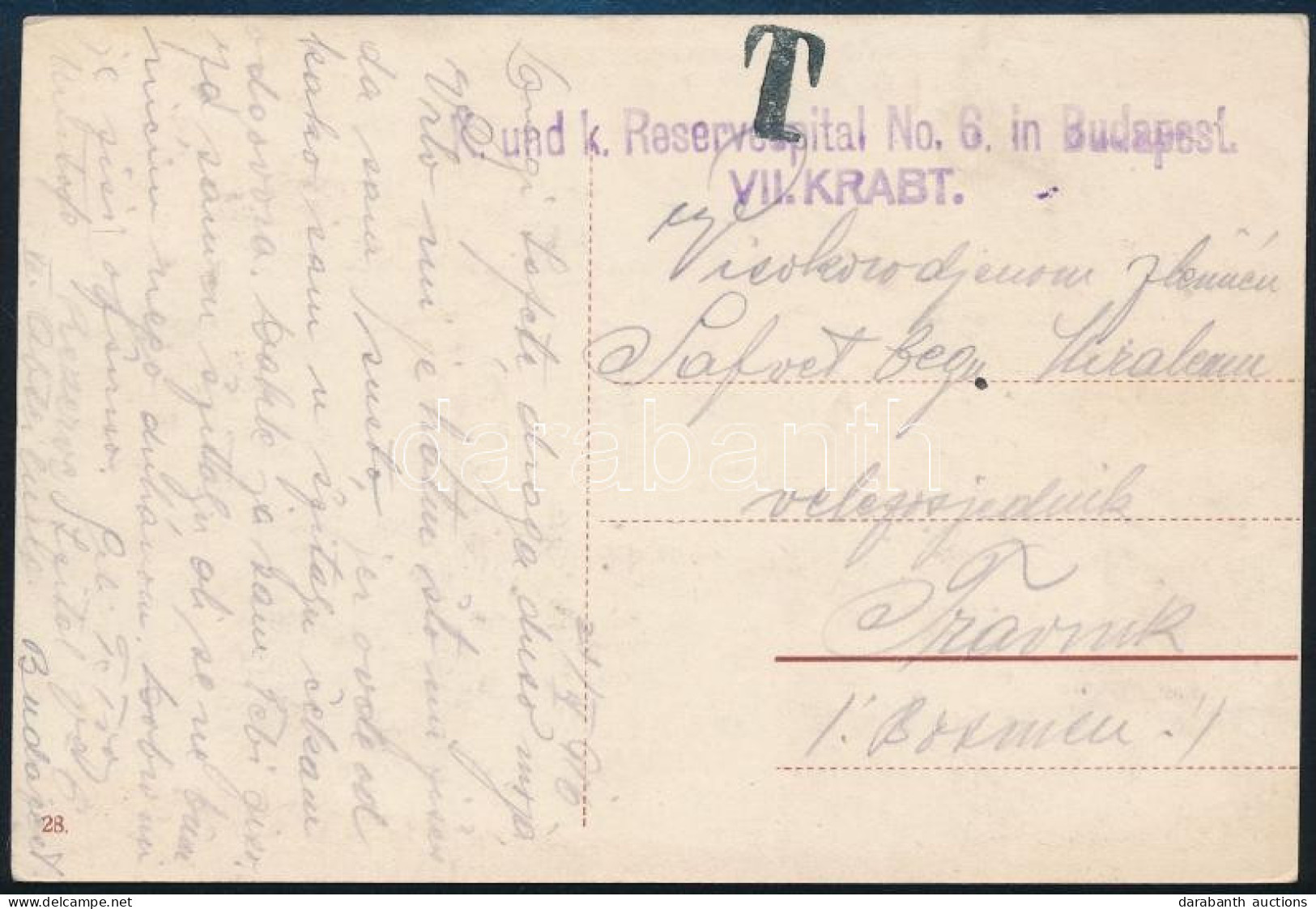 1916 Képeslap "K. Und K. Reservespital No. 6. In Budapest / VII. KRABT." Bélyegzéssel Travnikba, Portózva - Altri & Non Classificati