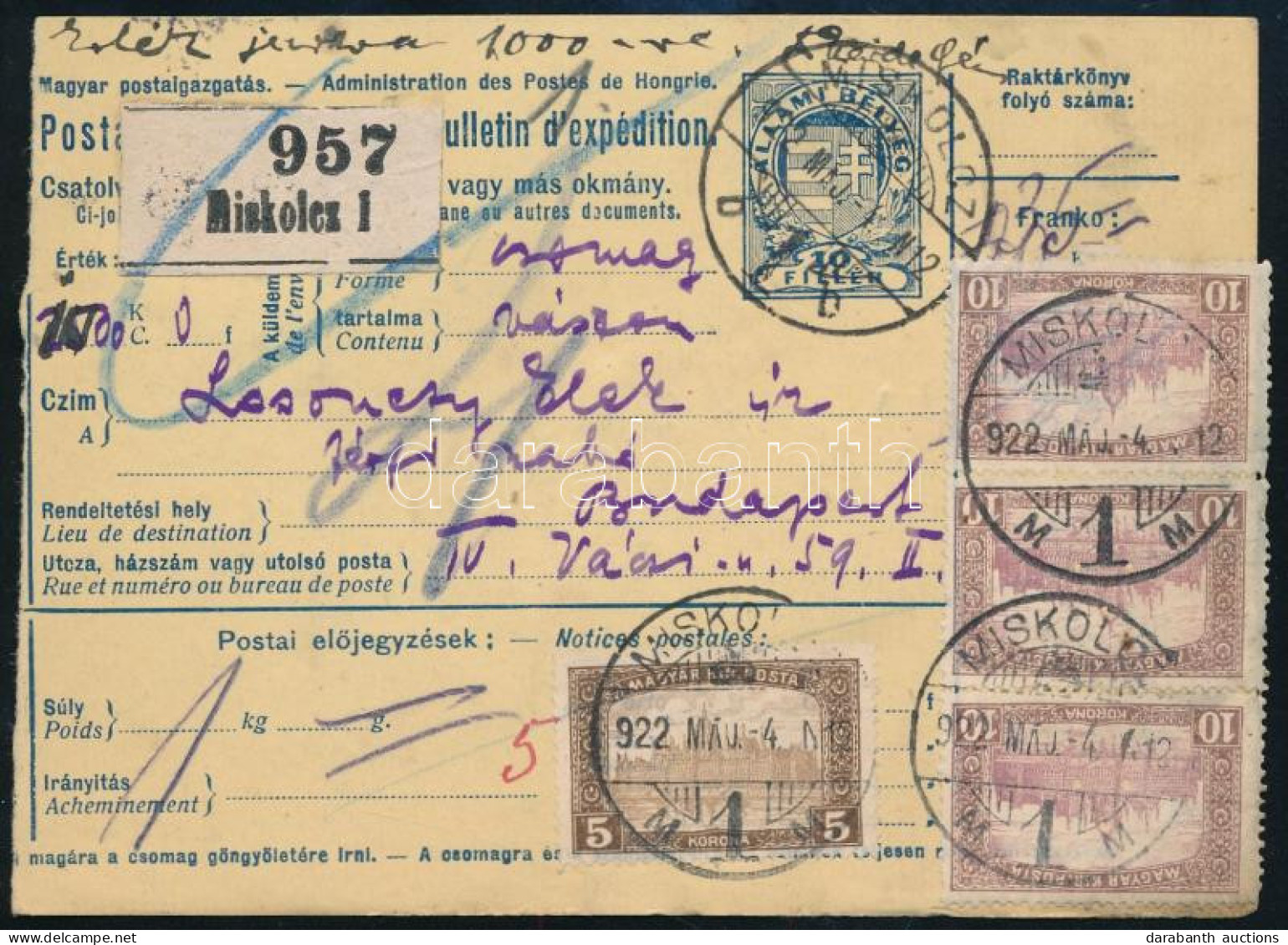 1922 Csomagszállító 35K Bérmentesítéssel Miskolcról Budapestre - Other & Unclassified