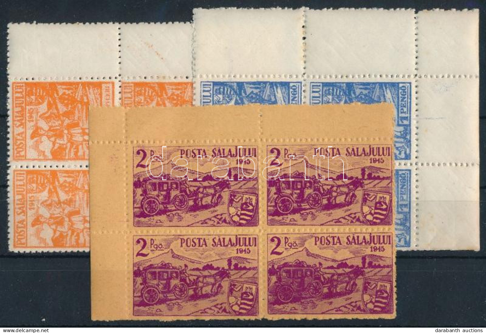 ** Zilah II. 1945 Teljes Sor ívsarki 4-es Tömbökben, Bodor Vizsgálójellel (1P Apró Rozsdafoltok / Small Stain Spots) (14 - Otros & Sin Clasificación