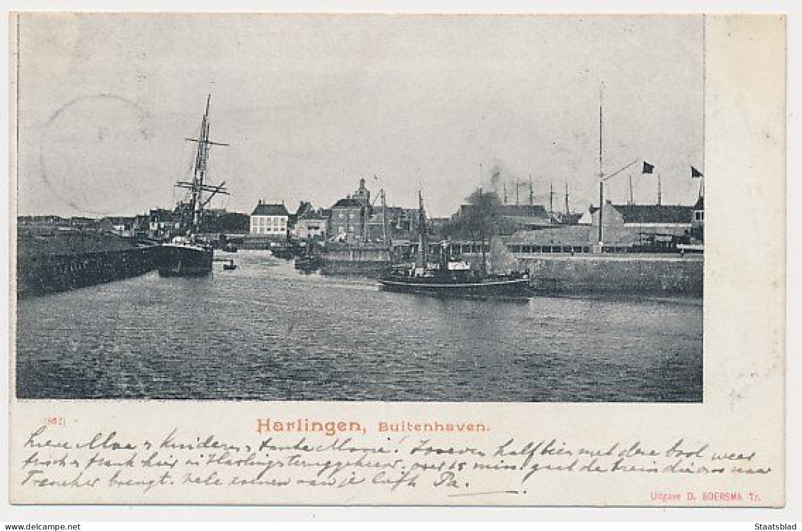 12- Prentbriefkaart Harlingen 1902 - Buitenhaven - Kleinrondstempel: Harlingen - Nieuwe Schans - Harlingen