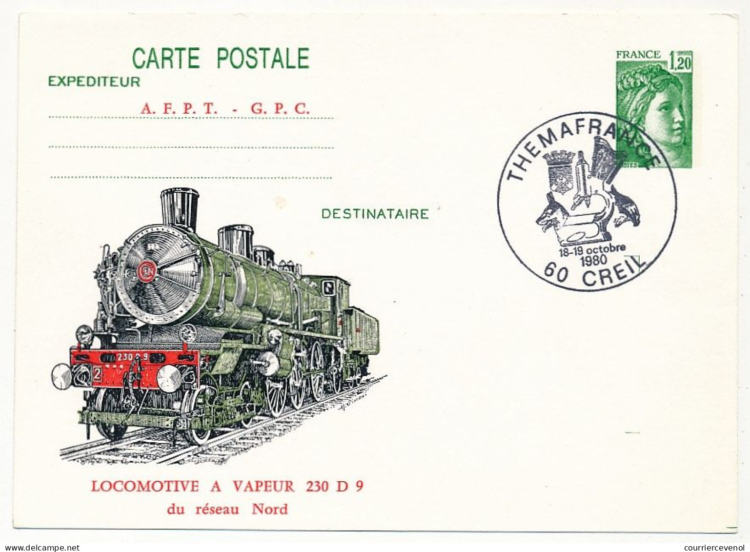 Entier Repiqué 1,20 Sabine - Locomotive Vapeur 230 D 9 Réseau Nord - Thémafrance 60 CREIL - Octobre 1980 - Overprinter Postcards (before 1995)