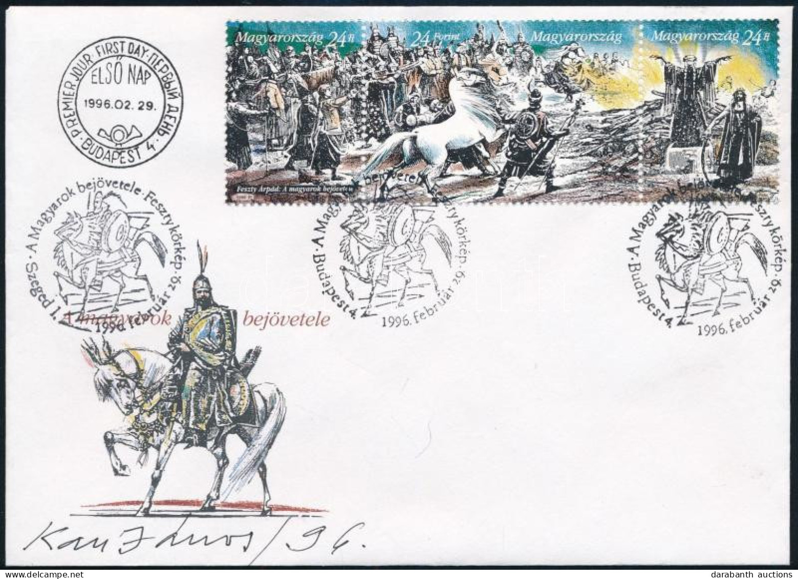 1996 Feszty-körkép III. Hármascsík FDC-n A Tervező, Kass János Aláírásával - Sonstige & Ohne Zuordnung