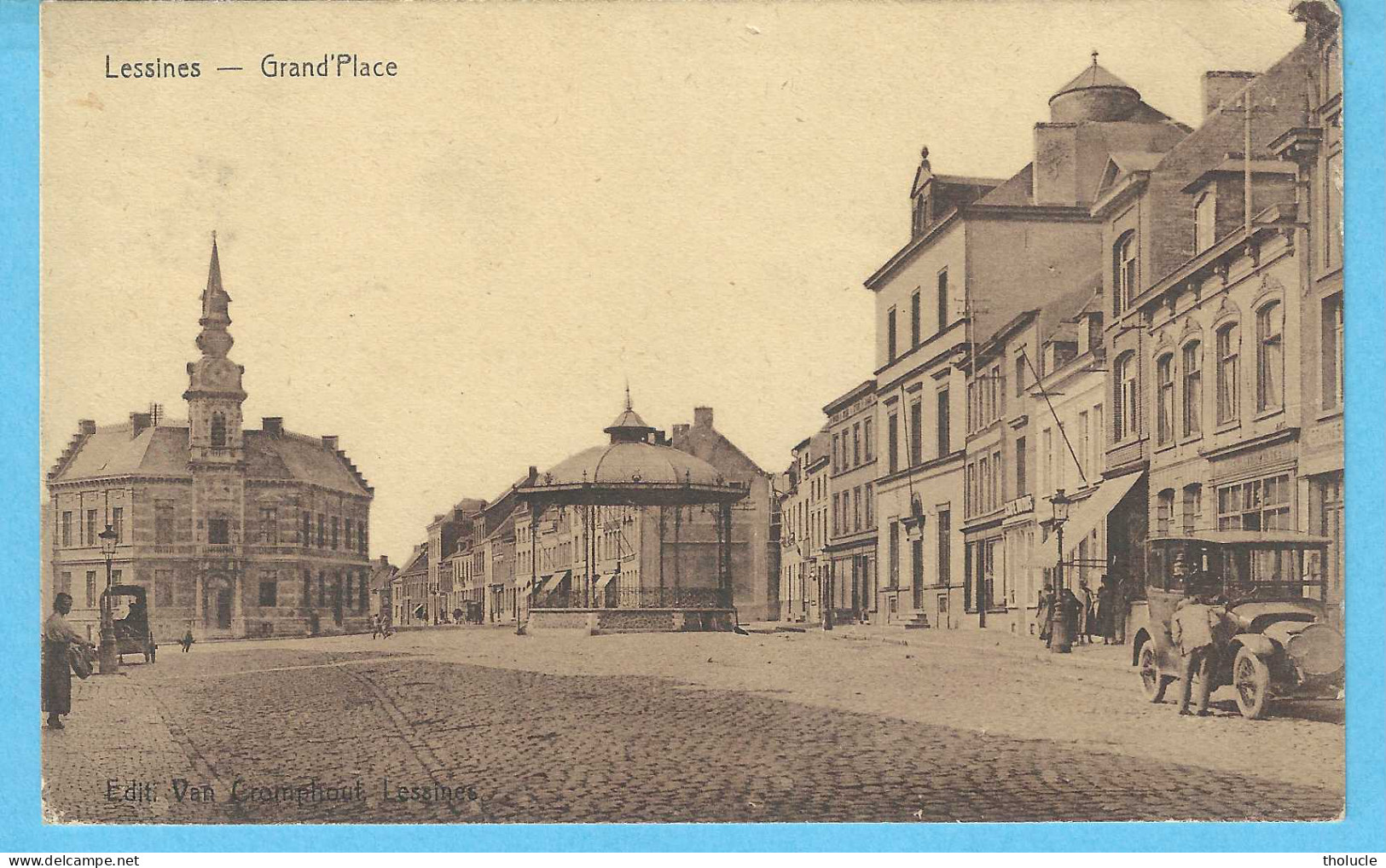 Lessines (Hainaut)-écrite En 1929-Grand'Place-Hôtel De Ville-Kiosque-Vieille Voiture-Tacot-Edit.Van Cromphout, Lessines - Lessines