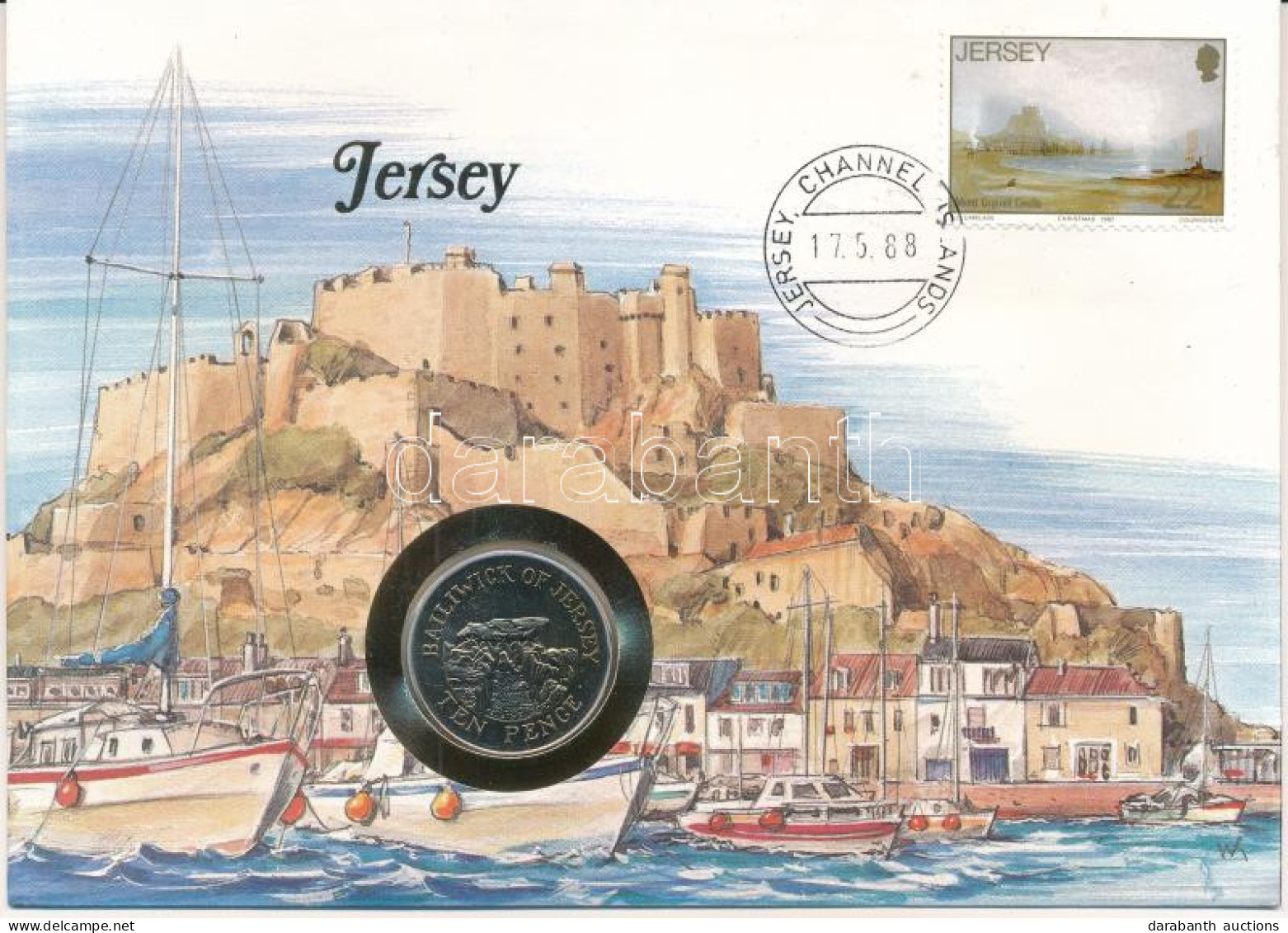 Jersey 1988. 10p Cu-Ni Felbélyegzett Borítékban, Bélyegzéssel, Német Nyelvű Leírással T:UNC  Jersey 1988. 10 Pence Cu-Ni - Non Classés