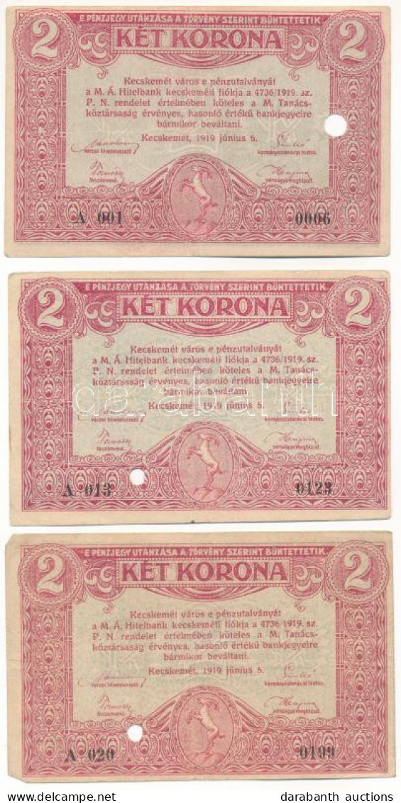 Kecskemét 1919.06.05. 2K (3x), Mindegyik Egy Lyukasztással érvénytelenítve T:F Hungary / Kecskemét 05.06.1919 2 Korona ( - Non Classificati