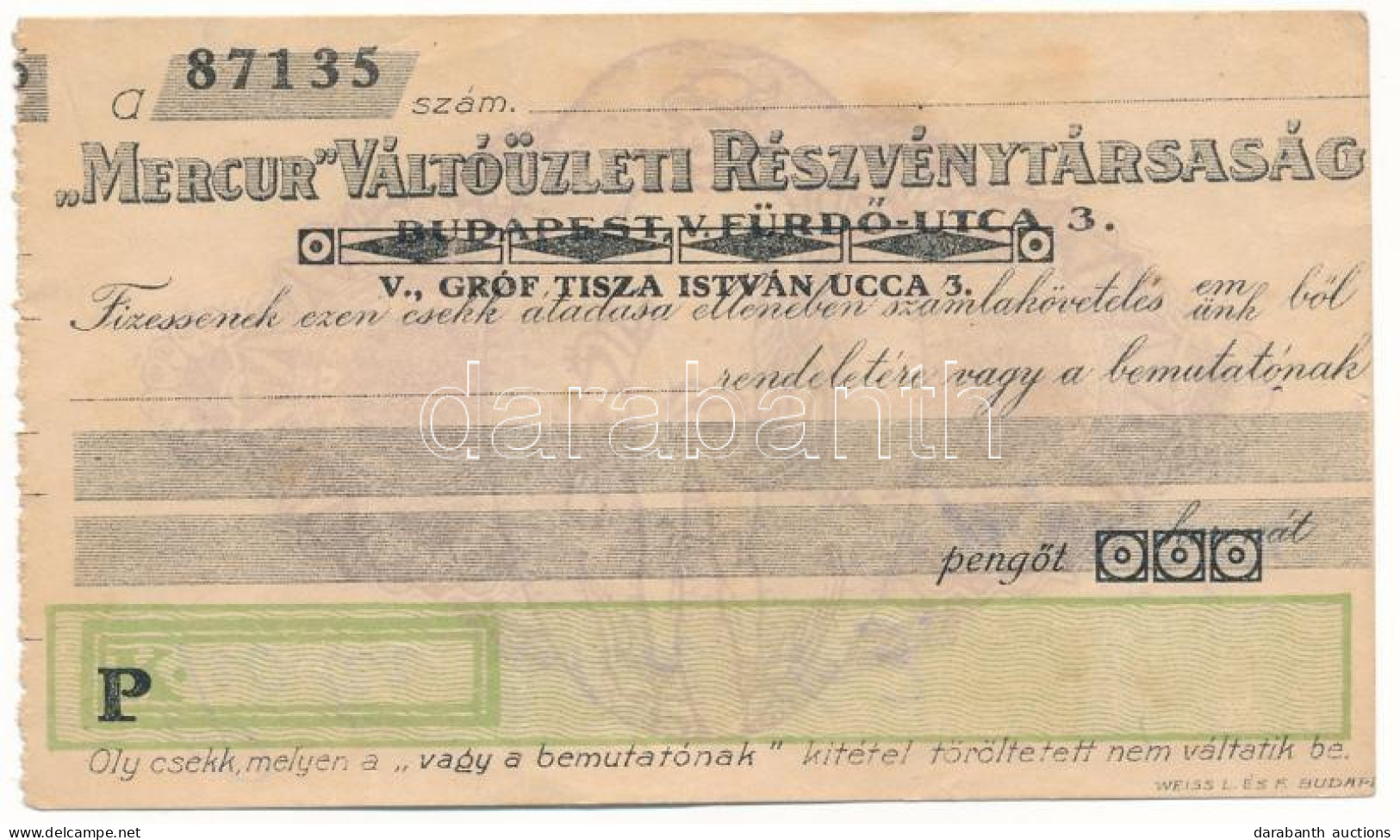 ~1920-1930. "Mercur Váltóüzleti Részvénytársaság" Kitöltetlen Csekk T:F - Unclassified