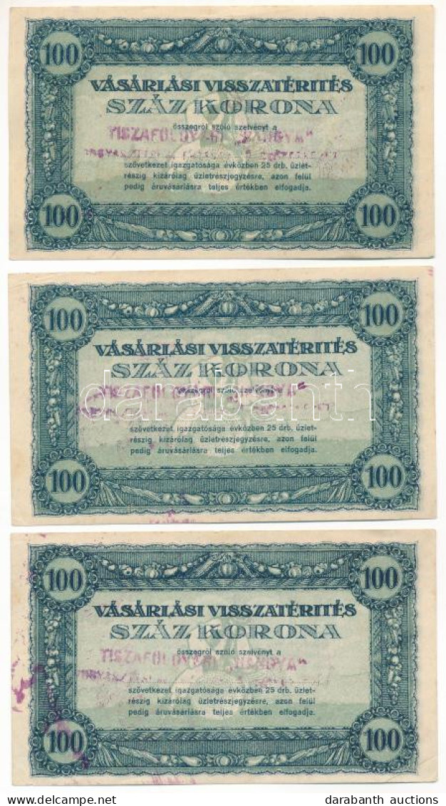 ~1920. 100K "Vásárlási Visszatérítés" (3x) "Tiszaföldvári 'Hangya'" Felülbélyegzéssel T:AU,XF - Unclassified