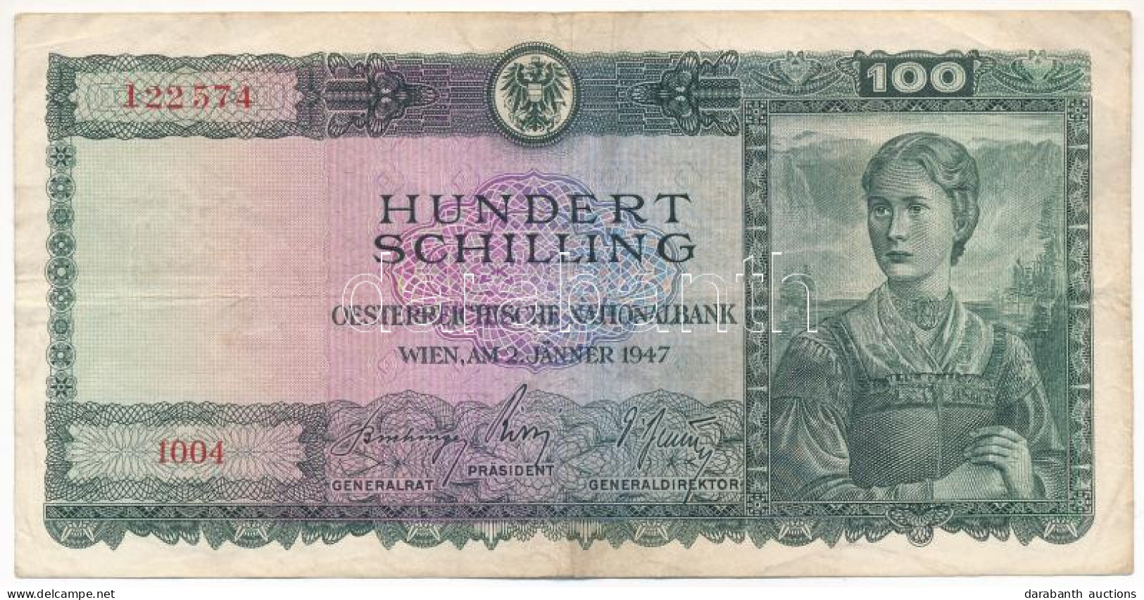 Ausztria 1947. 100Sch "1004 122574" T:F Austria 1947. 100 Schilling "1004 122574" C:F Krause P#281 - Ohne Zuordnung