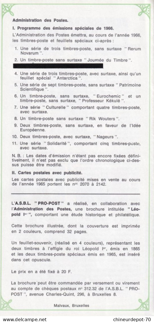 Administration Des Postes Belge émission D'une Série De Timbres Poste Spéciaux  N°1 1966 édité En Français - Brieven En Documenten