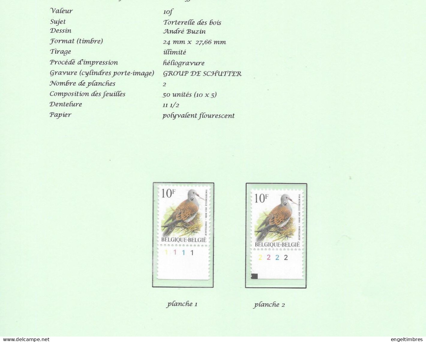 Belgium -  1998 BUZIN Birds - 10 Bfrs  Torterelle Des Bois/tortelduif Plaatnummers 1 - 2 Postfris - Zie Scan - 2011-..