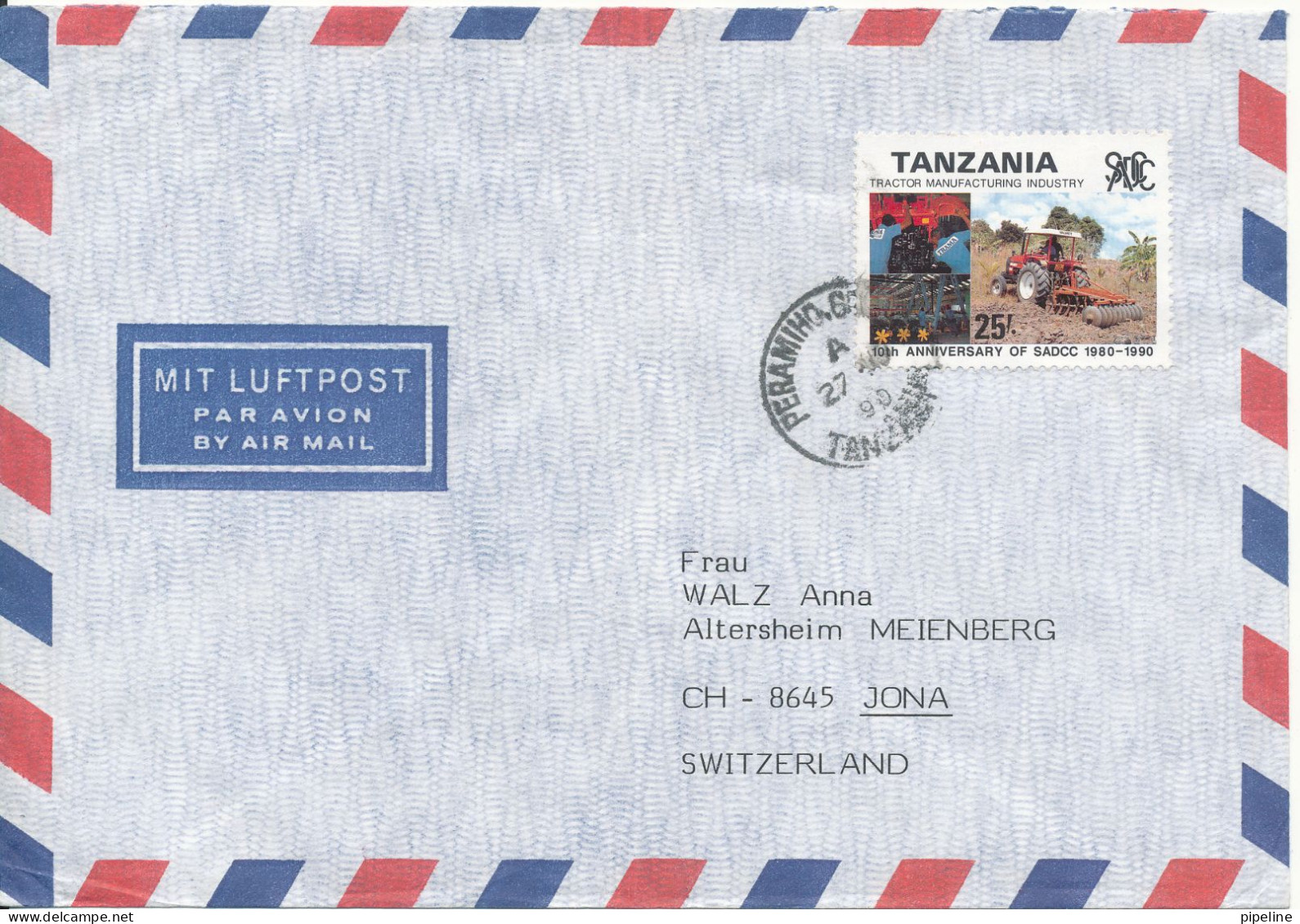 Tanzania Air Mail Cover Sent To Switzerland 27-11-1990 Single Franked Folded Cover - Tansania (1964-...)