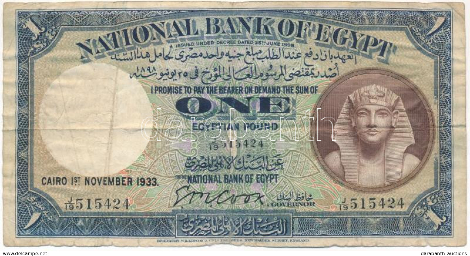 Egyiptom 1933. 1P T:F Ragasztott, Alsó Szélen Apró Beszakadások Egypt 1933. 1 Pound C:F Sticked, Tiny Tears On The Botto - Unclassified