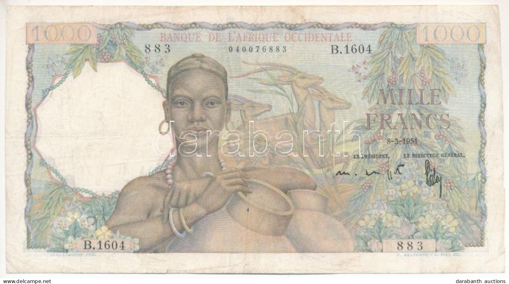 Francia Nyugat-Afrika 1951. Március 8. 1000Fr "B.1604 883" T:F Vágott French West Africa 1951. 8th March 1000 Francs "B. - Ohne Zuordnung