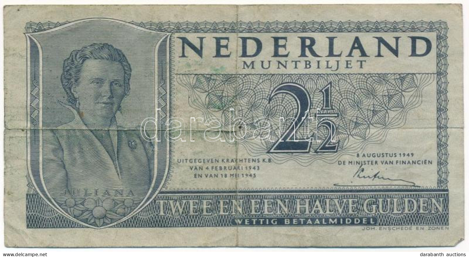 Hollandia 1949. 2 1/2G "5 VK 060994" T:F Netherlands 1949. 2 1/2 Gulden "5 VK 060994" C:F Krause 73. - Non Classés