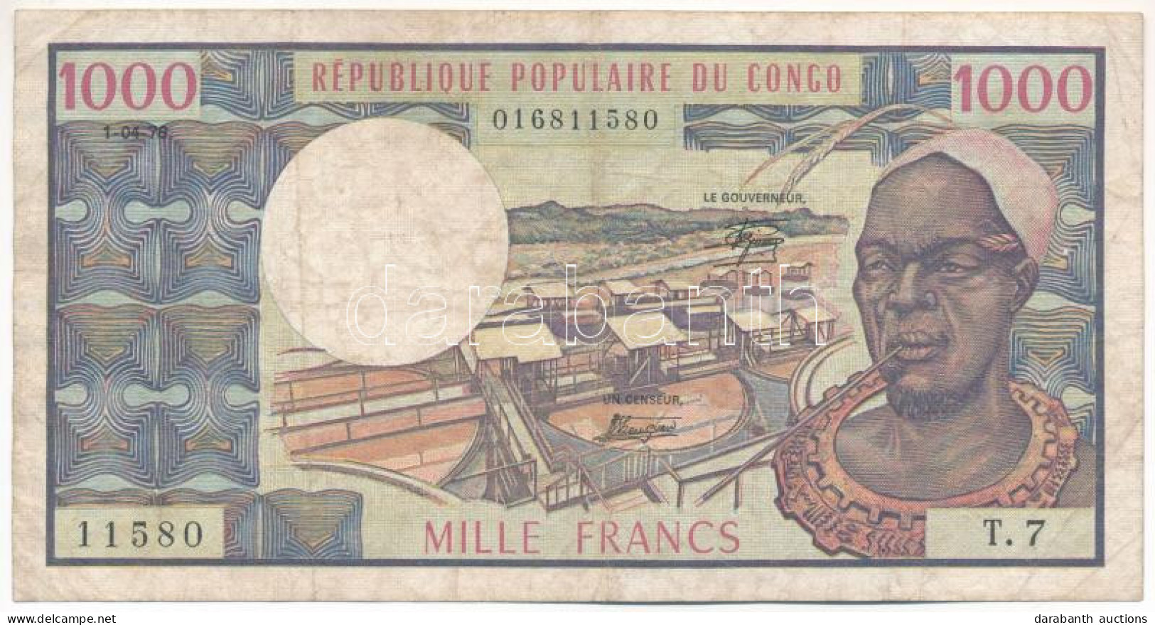 Kongó DN (1978) 1000Fr "T.7 11580" T:F Congo ND (1978) 1000 Francs "T.7 11580" C:F Krause P#3 - Unclassified