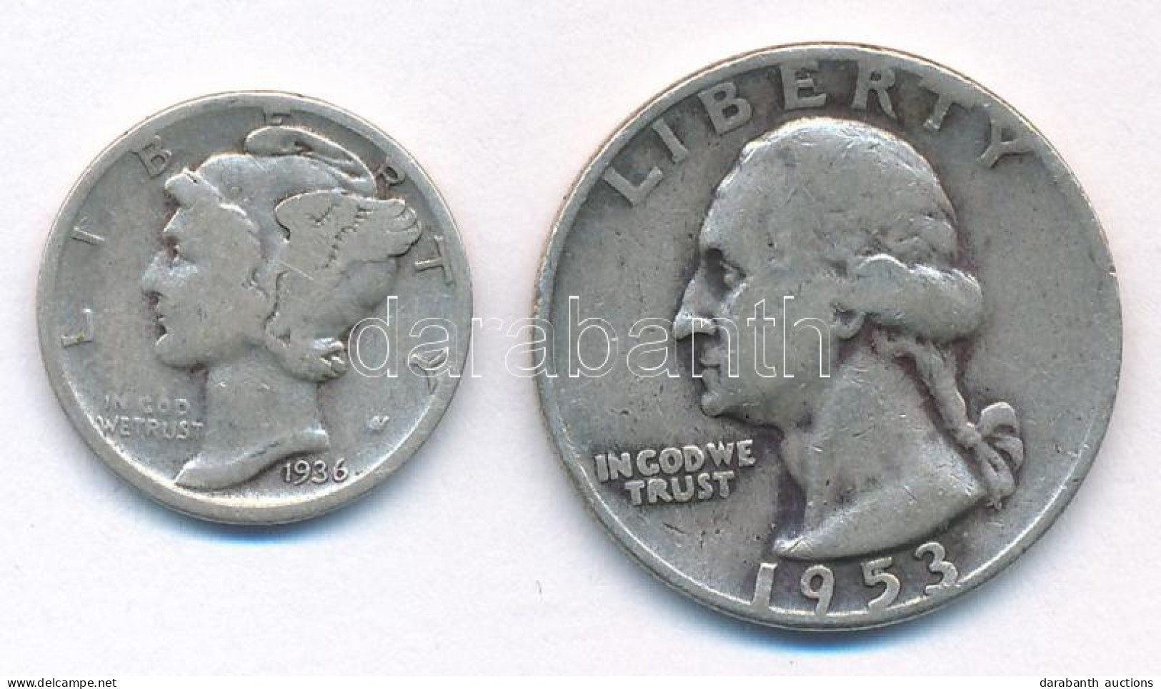 Amerikai Egyesült Államok 1936. 1d (10c) Ag "Mercury" + 1953D 1/4$ Ag "Washington" T:F Patina USA 1936. 1 Dime (10 Cents - Unclassified