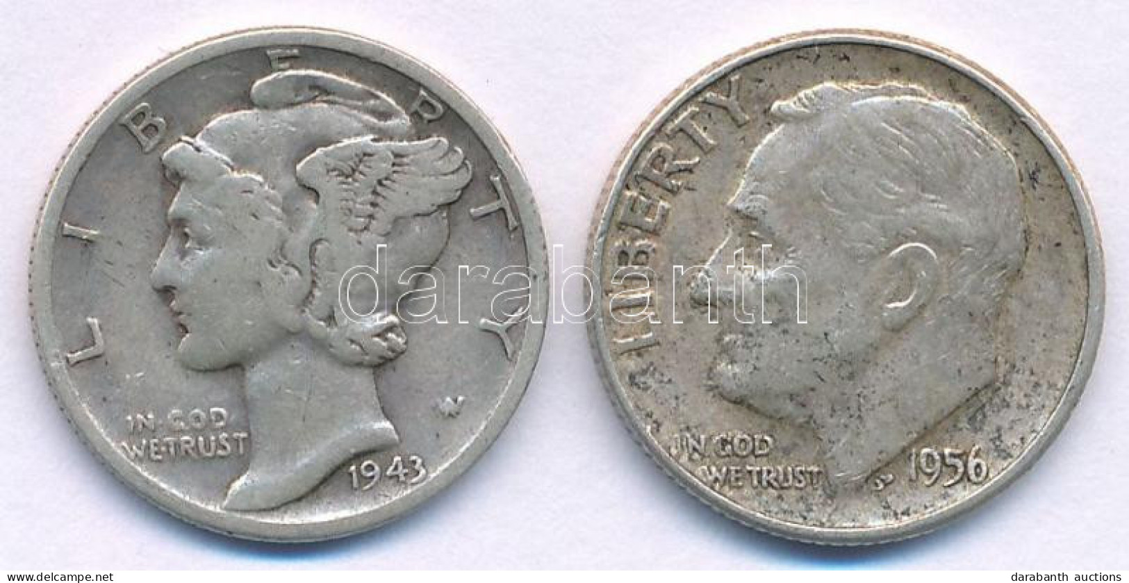 Amerikai Egyesült Államok 1943D 1d Ag "Mercury" + 1956. 1d Ag "Roosevelt" T:VF Patina USA 1943D 1 Dime Ag "Mercury" + 19 - Unclassified