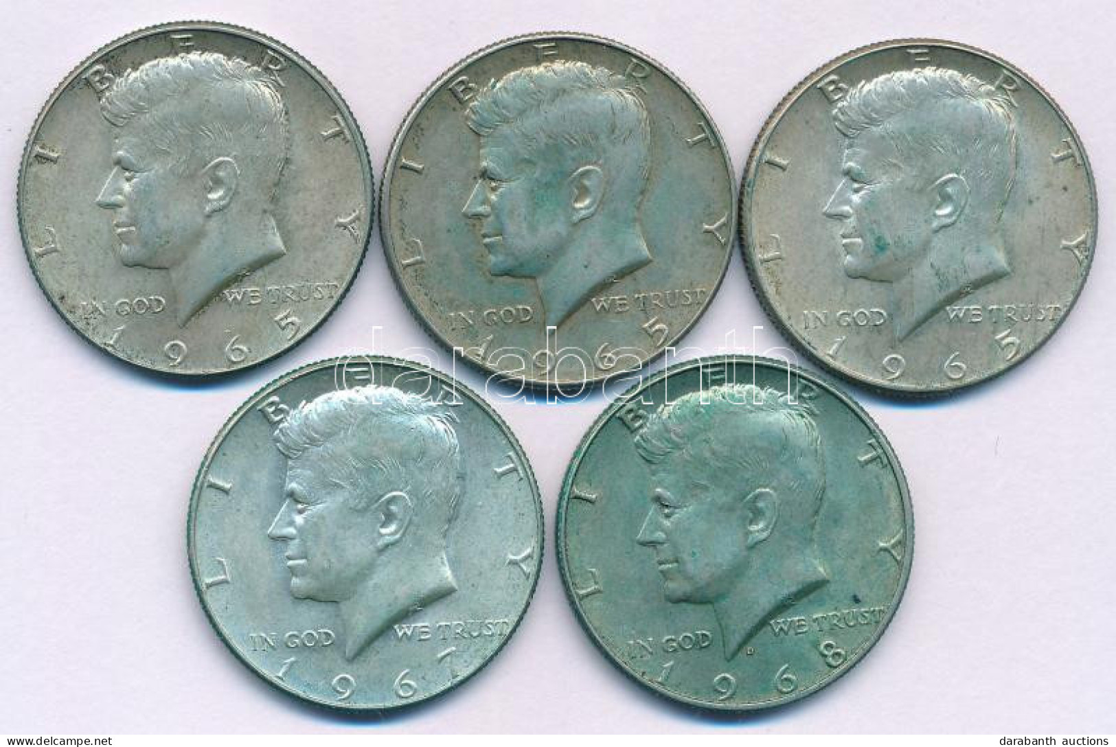 Amerikai Egyesült Államok 1965-1968D 1/2$ Ag "Kennedy" (5db, 3xklf) T:AU,XF Patina USA 1965-1968D 1/2 Dollar Ag "Kennedy - Unclassified