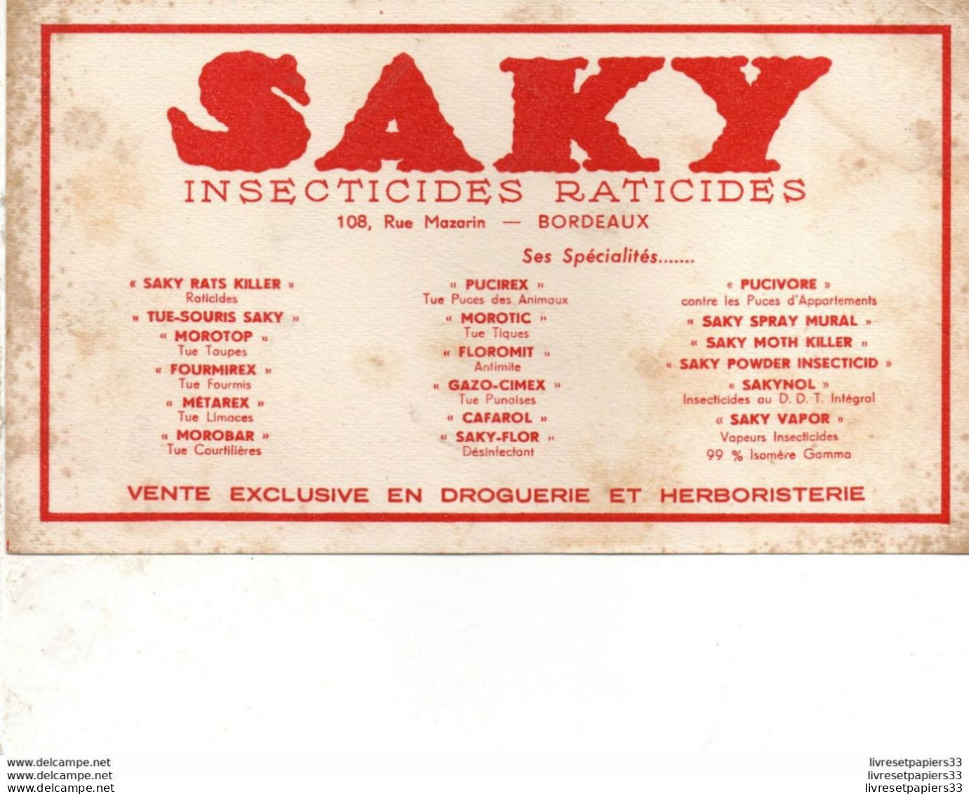 Buvard SAKY Insecticides Raticides - Produits Ménagers