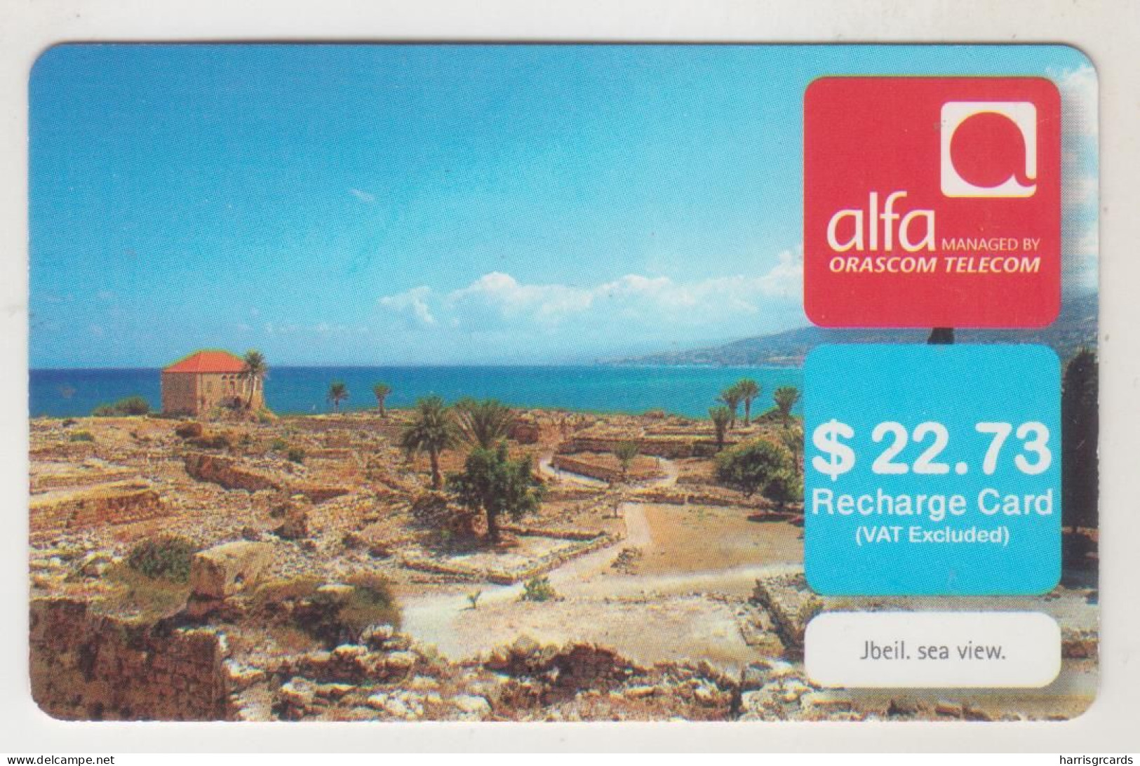 LEBANON - Jbeil Sea View , Alfa Recharge Card 22.73$, Exp.date 15/12/13, Used - Liban