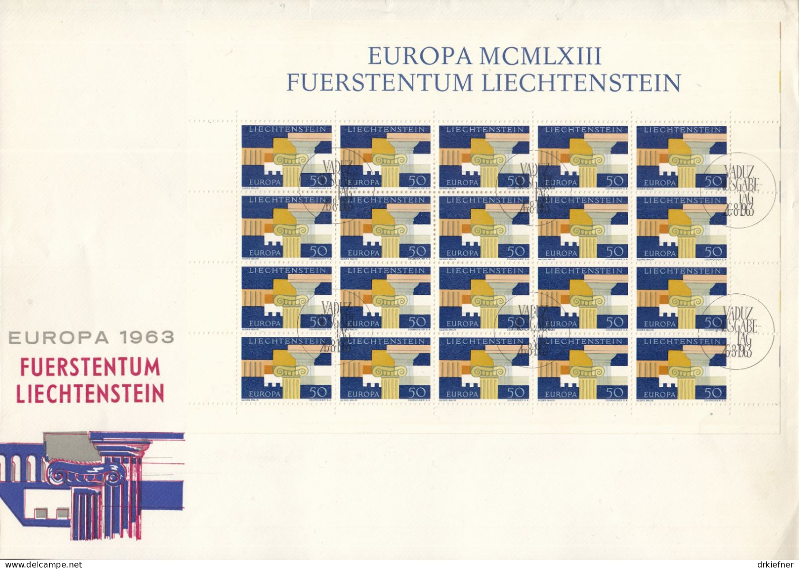 LIECHTENSTEIN 431, Kleinbogen, FDC,  Europa CEPT:  Griechische Architektur 1963 - 1963