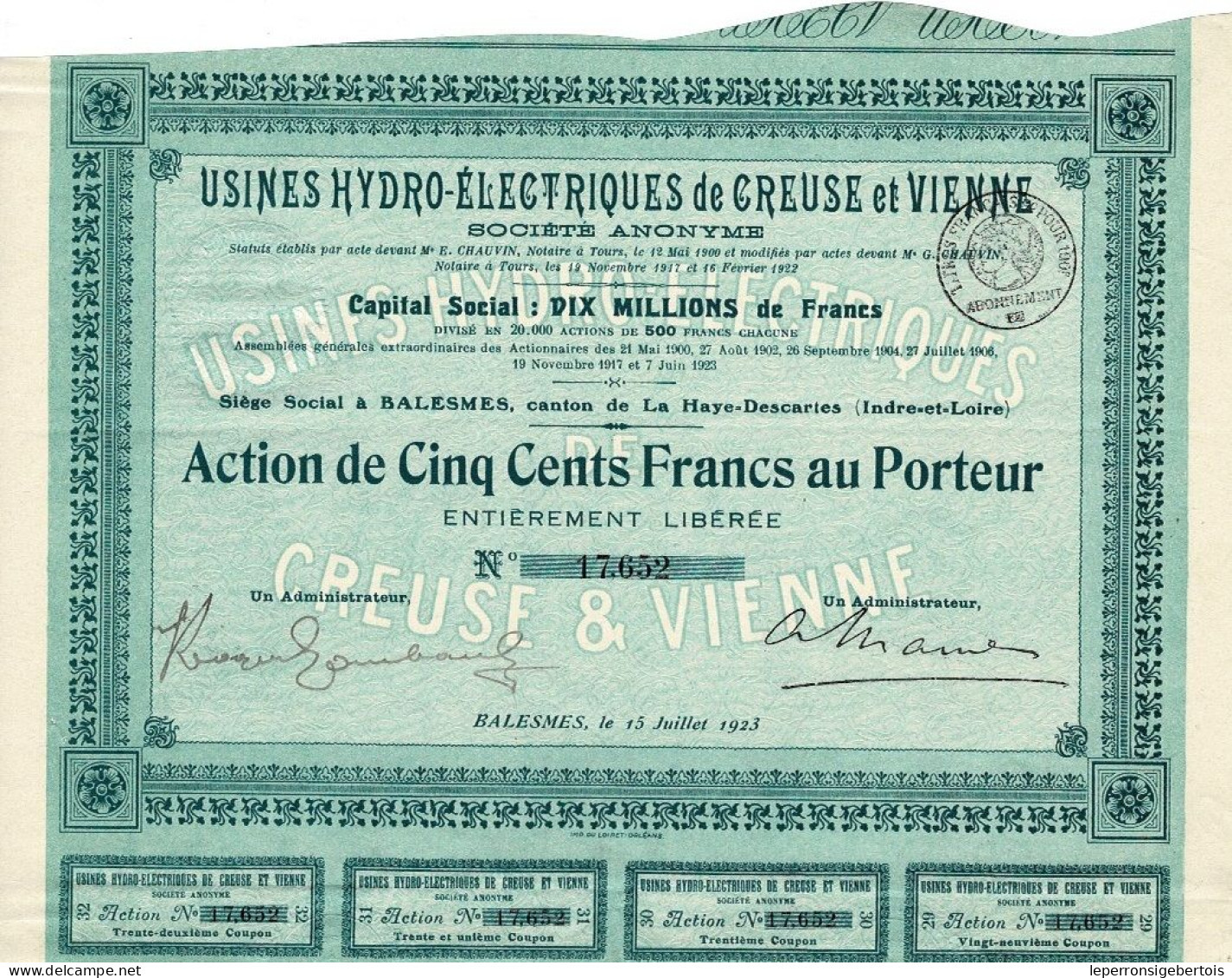 Titre De 1923 - Usines Hydro-Electriques De Creuse Et Vienne  - N° 17653 - Electricity & Gas